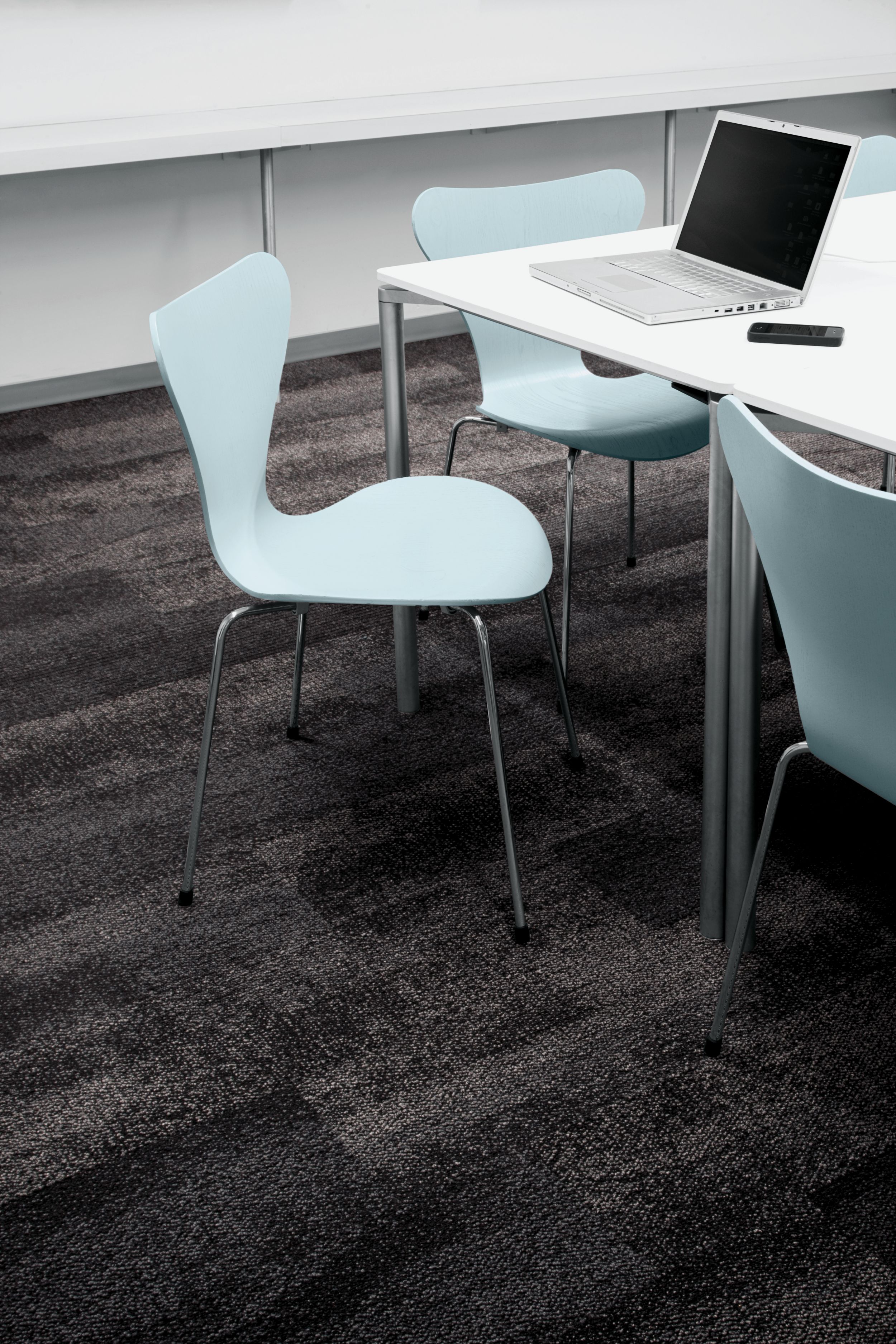 Interface Neighborhood Smooth plank carpet tile in meeting room or classroom with laptop and light blue chairs image number 1